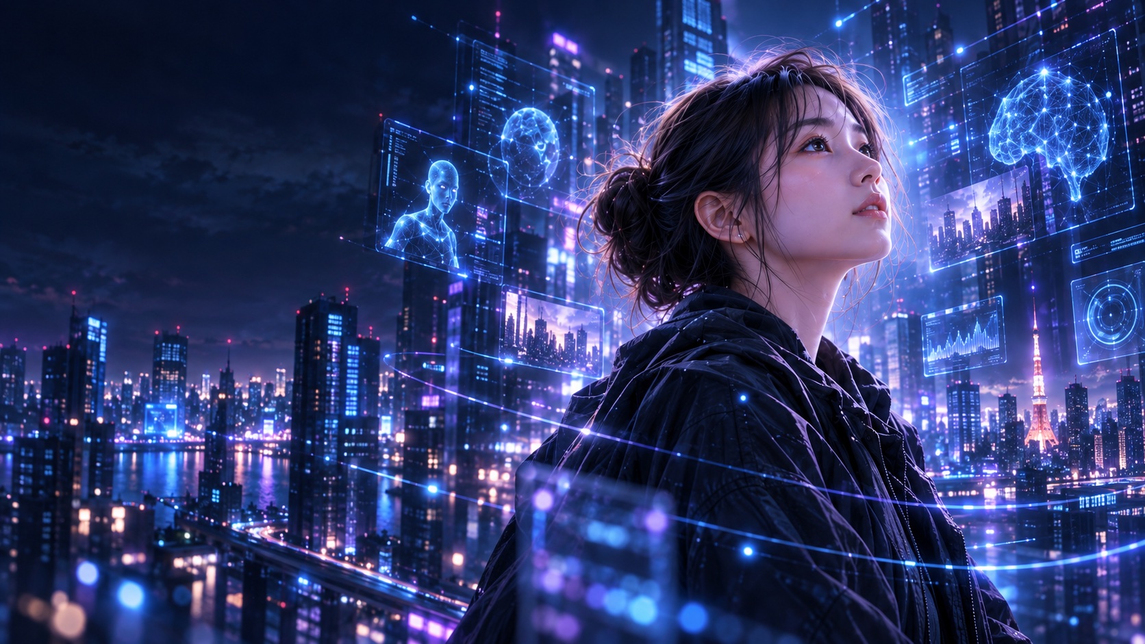 青紫のホログラムと未来都市に溶け込み、AIと働く未来を見つめる女性